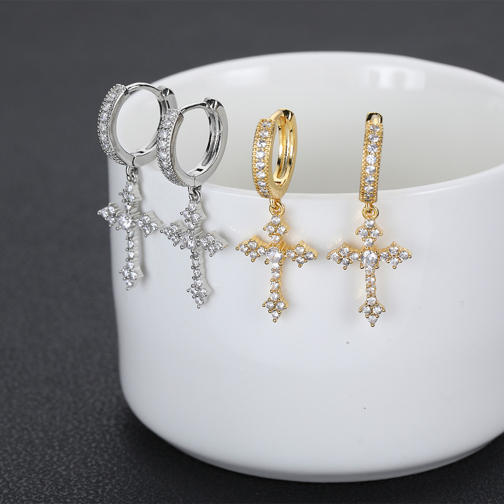 Drop Shipping Hip Hop Thick Hoop Earrings Bling Ice Out Cross CZ Zircon Plated Stud Lightning Earrings For Women Jewelry