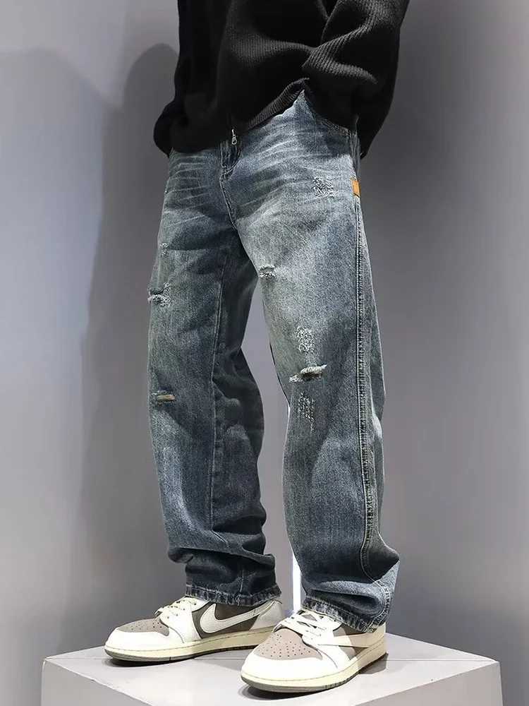 Mens Baggy Ripped Jeans Fashion Hip Hop Hole Streetwear Distressed Washed Trousers Straight Loose American Denim PantsT250319