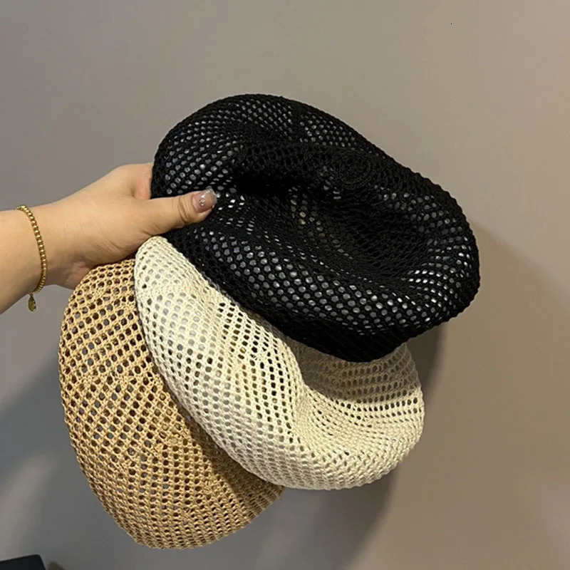 Hollow knitted breathable beret summer hat for women fashion simple casual painter hat travel versatile pumpkin cap mushroom hat 250320