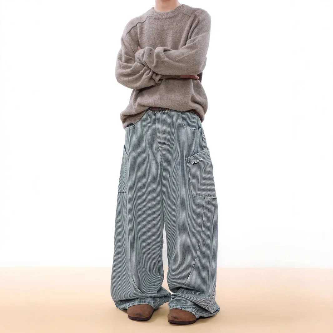 Retro letter embroidered blue striped mens jeans casual wide leg pants new spring summer autumn couple style American fashionT250319