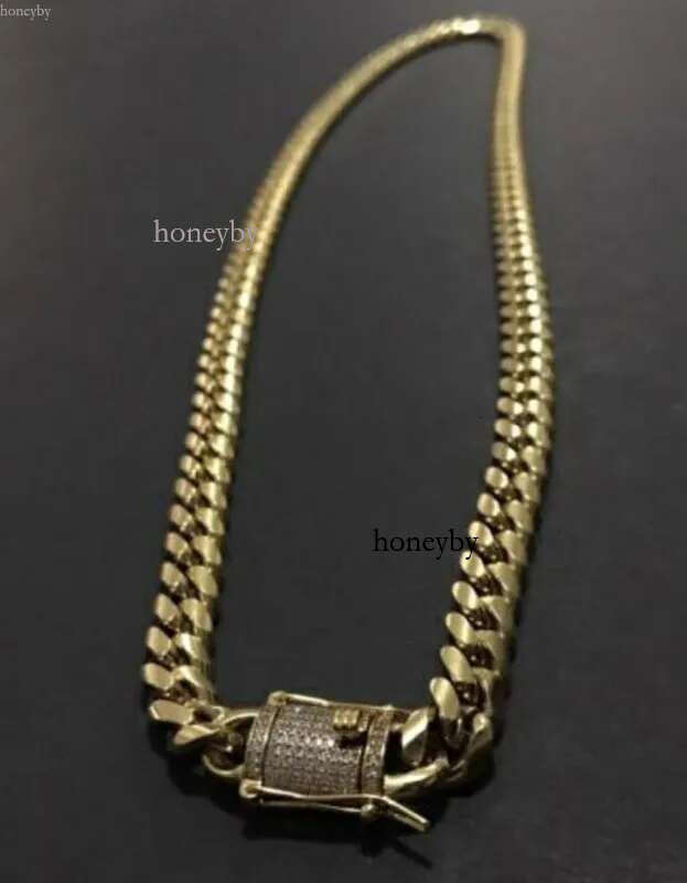 Moissanite Mens Gold Tone 316L Stainless Steel Necklace Cuban k Chain with Dias Clasp Lock