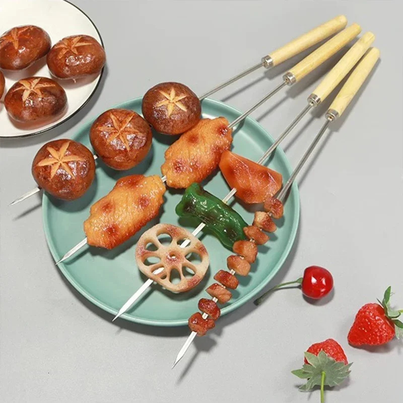 50Pcs Reusable Stainless Steel Barbecue Skewer with Wooden Handle BBQ Skewers Kebab Iron Stick for Outdoor Camping Picnic Tools 250314