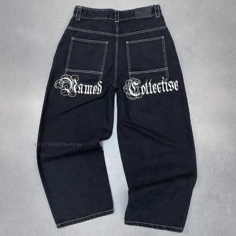 Black cotton jeans womens new dark personality pattern printed straight pants loose autumn and winter street couple jeansT250319