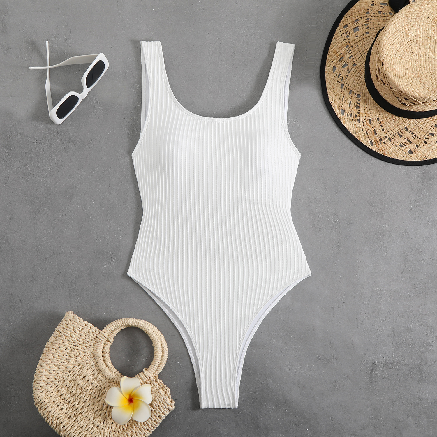 Modest Women Textured Ribbed One Piece Swimsuit Solid Colors Summer Beach Vacation Monokini High Cut Swimwear Padded Push Up 2025 Scoop Neck Stylish B