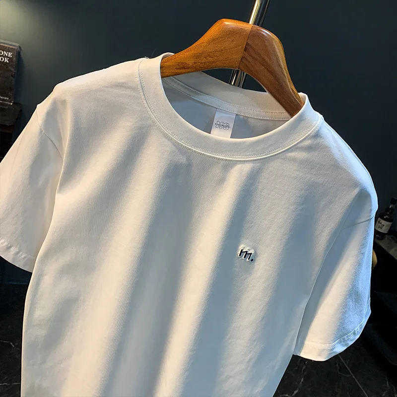 Summer Mens Simple Versatile Embroidered Short Sleeve Solid Color Comfortable Casual Half Sleeve Top 250317