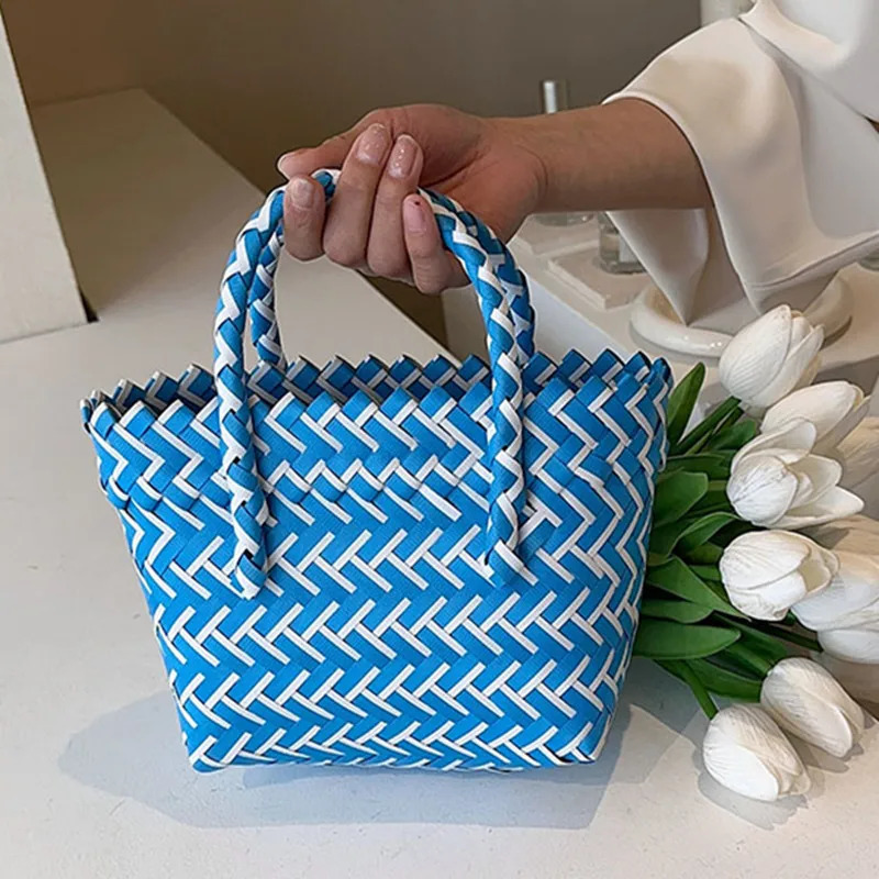 Woven Handbag Colorful Basket Color Matching Vegetable Bag Beach Handmade bag Popular Women New Female Shopping Tote Female Sac R250320