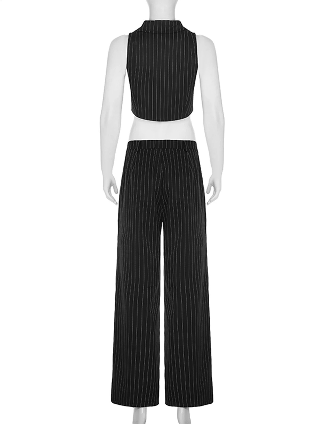 IAMSURE Elegant Fashion Striped Pants Set for Women 2025 Sexy Slimming 2piece Vneck Sleeveless Crop Top Middle Waist 250319