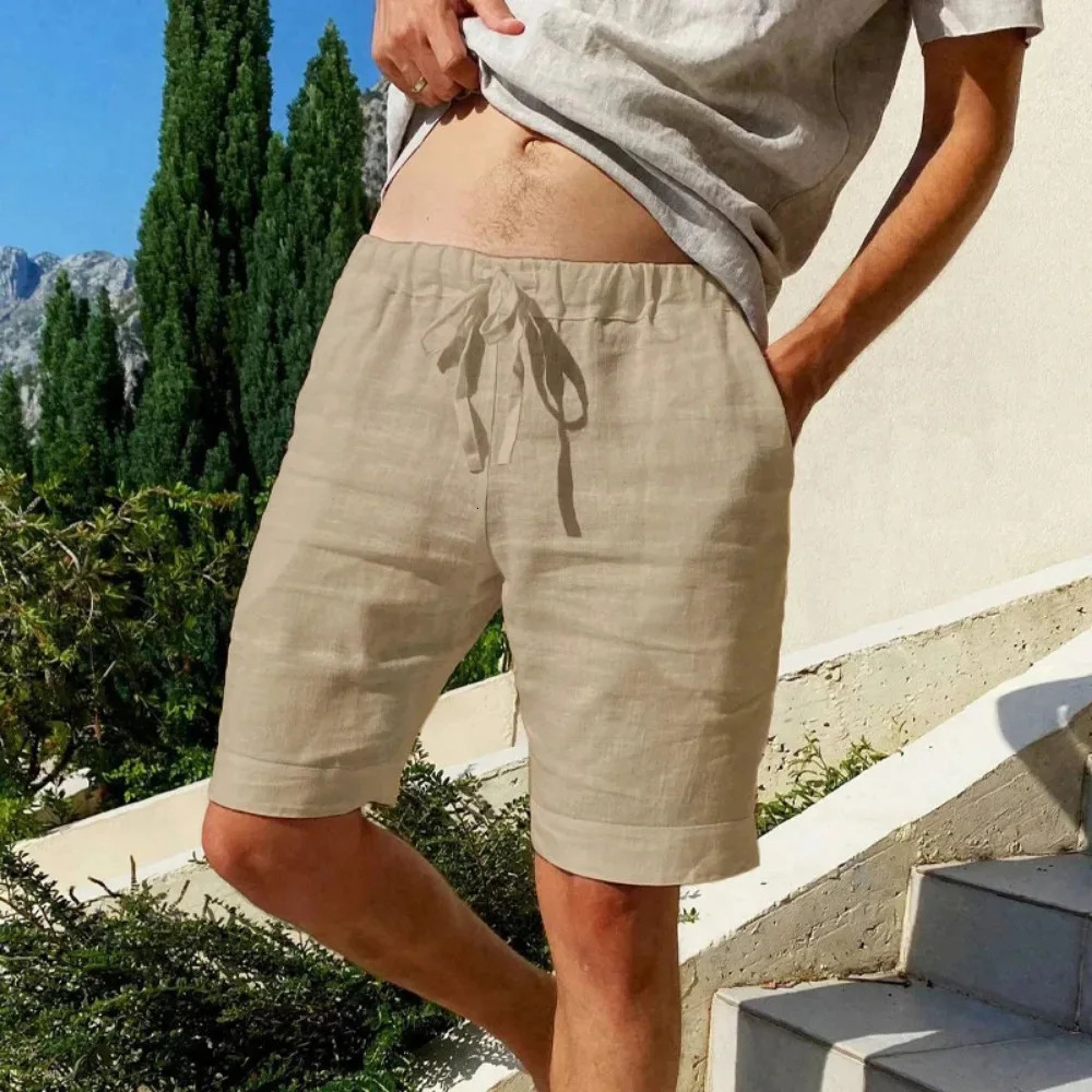 Mens Cotton Linen Shorts Beach Pants Male Summer Breathable Solid Color Hawaii Trousers Fitness Streetwear S-3XL 250320