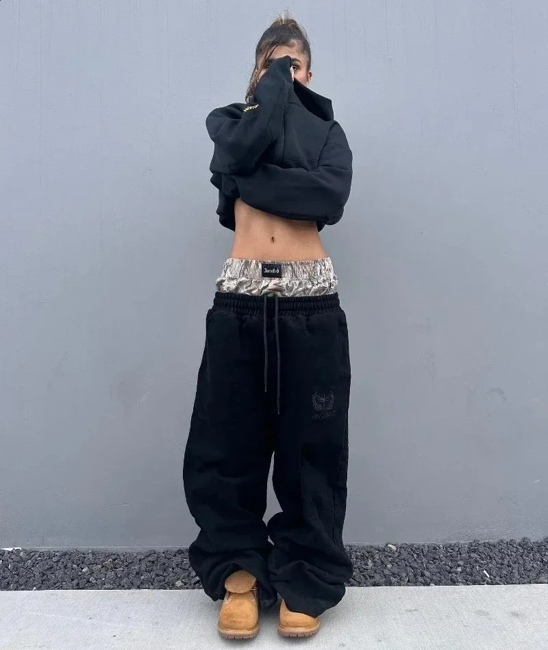 Y2K pants vintage Harajuku double ed waist Sweatpants Men Woman Hip Hop Casual High waisted Wide Leg Pants Streetwear 250317