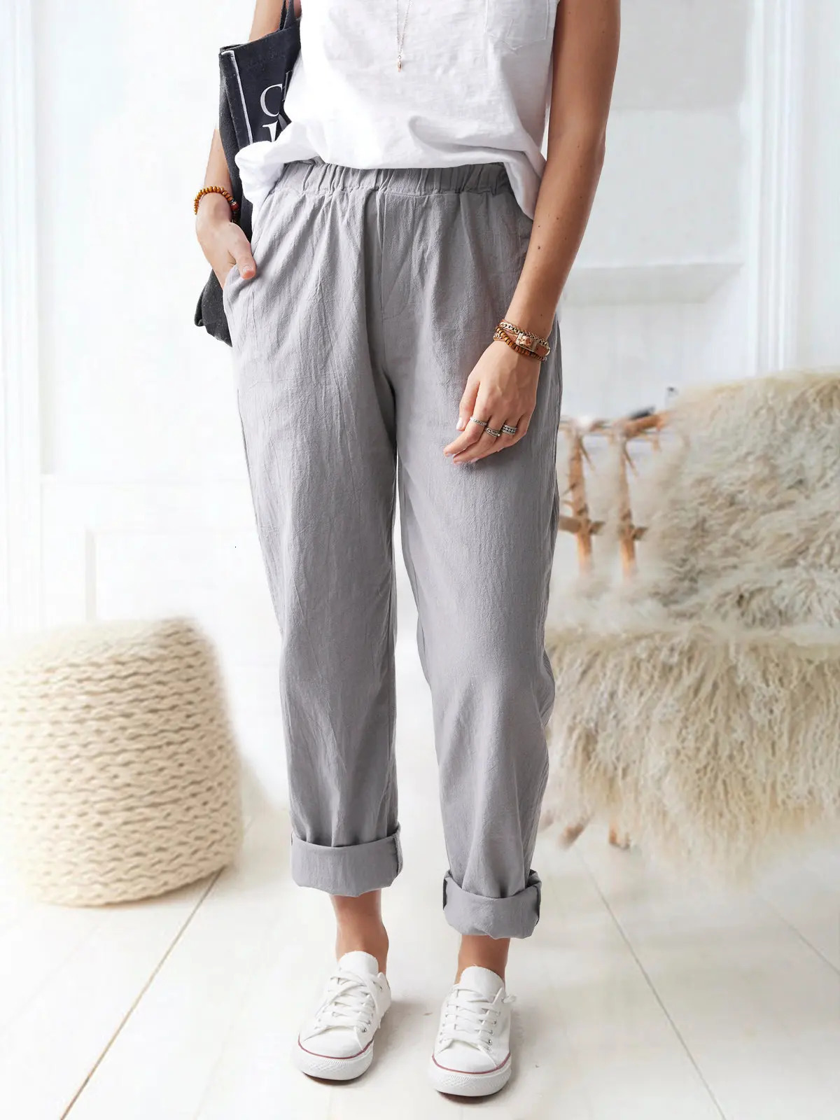 womens cotton and linen pants solid color casual elastic high waist straight trousers for women 250320