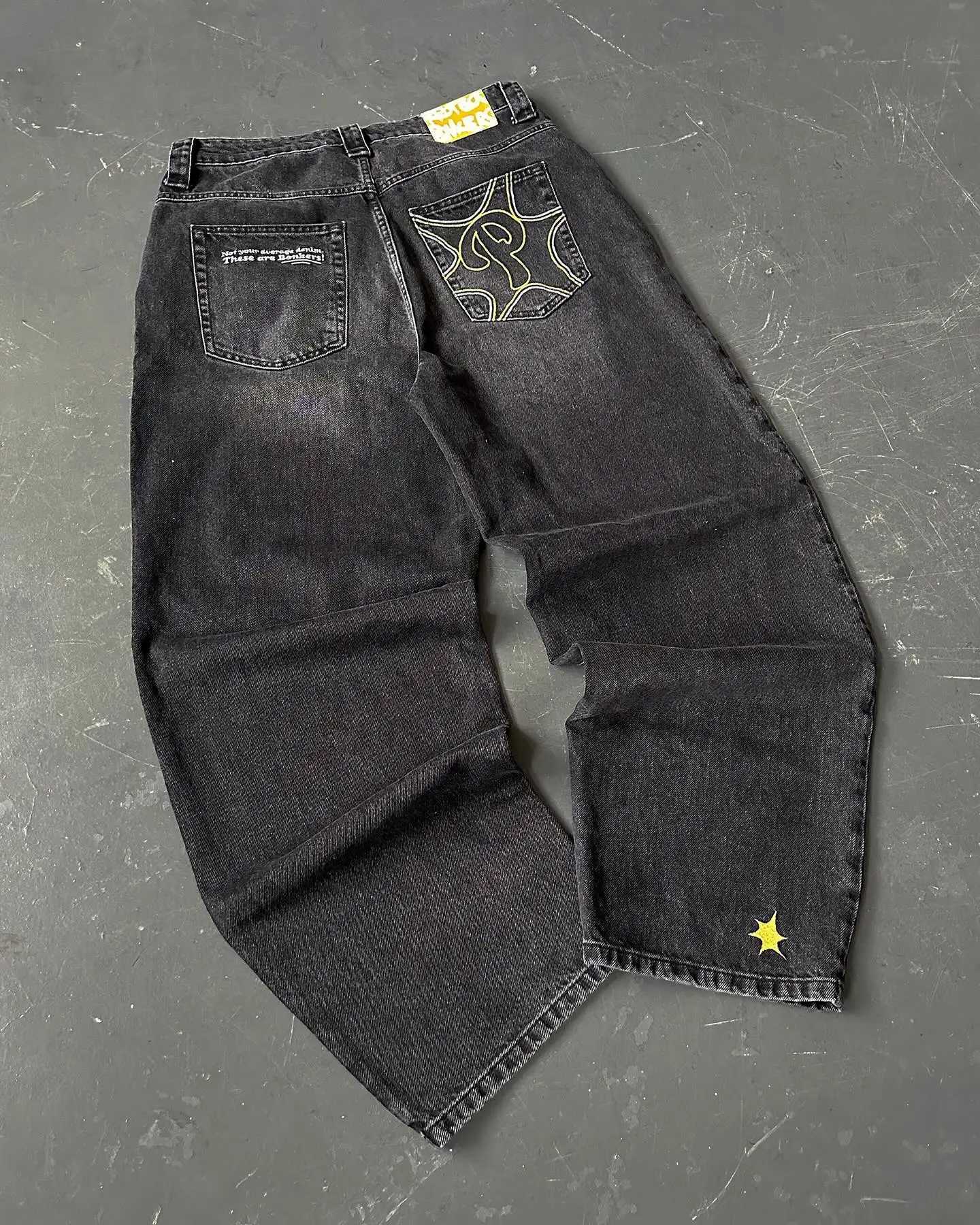 Protective jeans Y2K mens hip-hop letter embroidered pocket jeans new punk rock high waist wide leg Trouser streetwearT250319