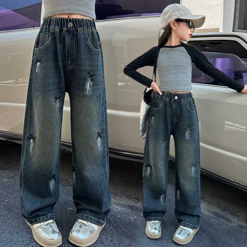 Girl Bow Graffiti Wide Leg Jeans Teen Fashion Casual Edition Straight Trend Wide Leg Pants 5-15 Years OldT250326