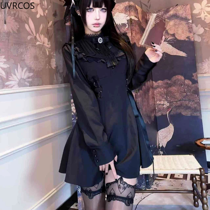 Japanese Gothic rhinestone bow dress womens lace pleated long sleeved ultra-thin bandage dress Y2k aesthetic party mini dress 250314