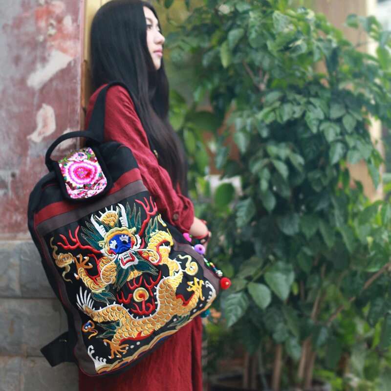 Top Women's Fashion Large Bags Black Canvas Embroidered Ethnic Bag School Backpack