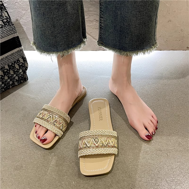 Ethnic Style Fisherman's Cool For Women's Summer Outdoor Wear, Size 41-43 Woven Sweat Absorbing Flat Bottom Casual One Word Slippers