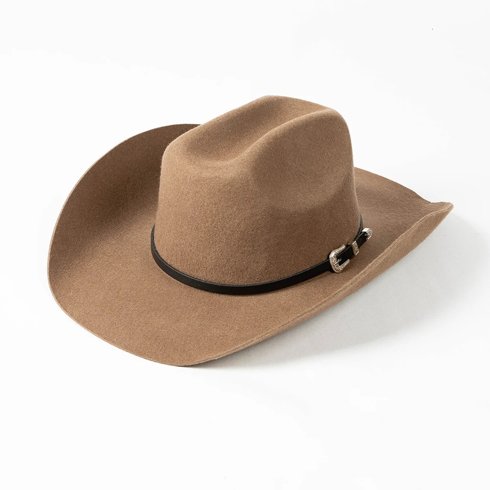 100% Wool Felt Cowboy Hat Unisex Wide Brim Felt Hat with PU Belt 250320