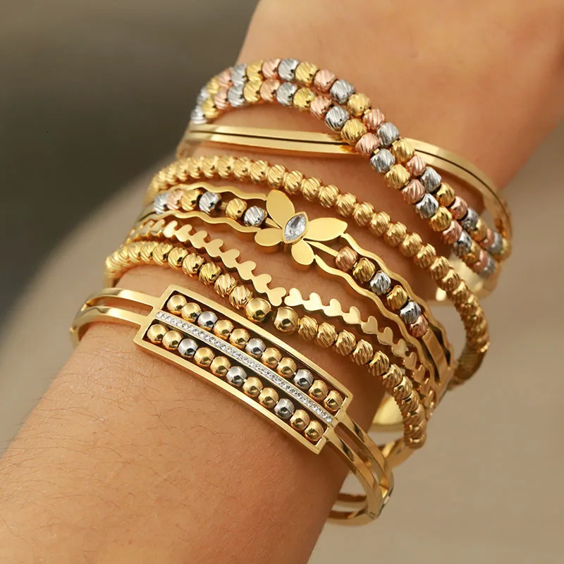 316L Stainless Steel Metal Beads Cross Bangles bracelets for Women Fashion Jewelry Multicolor Butterfly Flower Bangles 250320