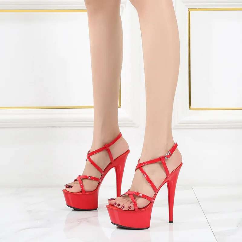 Women's Beige Red Cross Tie 15cm Heel High Waterproof Platform Sandals Dance Shoes LFD-8661-55