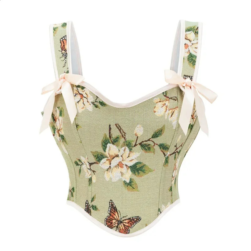 Vintage Women Bustier Vest Corset Sexy Lace-Up Floral Print Crop Top Fashion Backless Lingerie Camisole Corselet Plus Size 250319