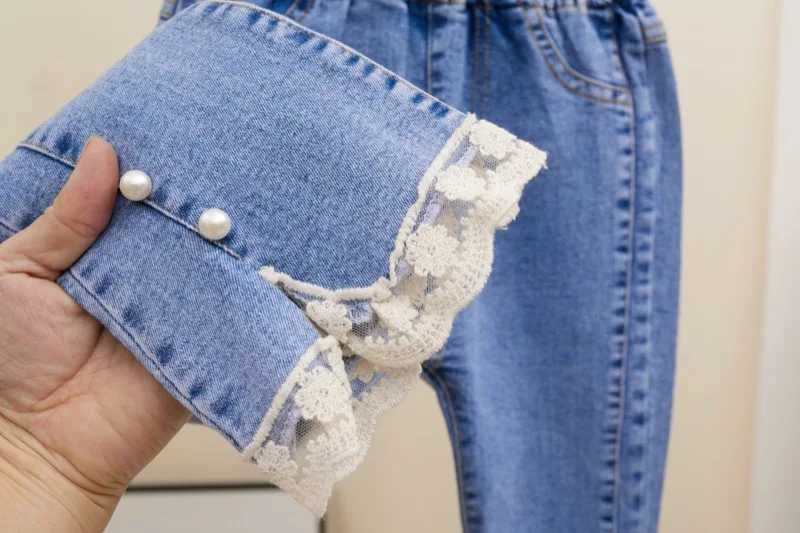 Girls jeans Spring and Autumn new casual 3-12-year-old childrens loose flash pants lace pearl girls jeansT2502320