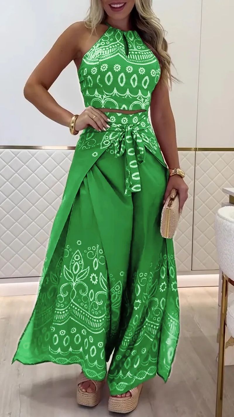 Womens Clothing Spring And Summer New Retro National Style Halter Top Wide Leg Pants Set