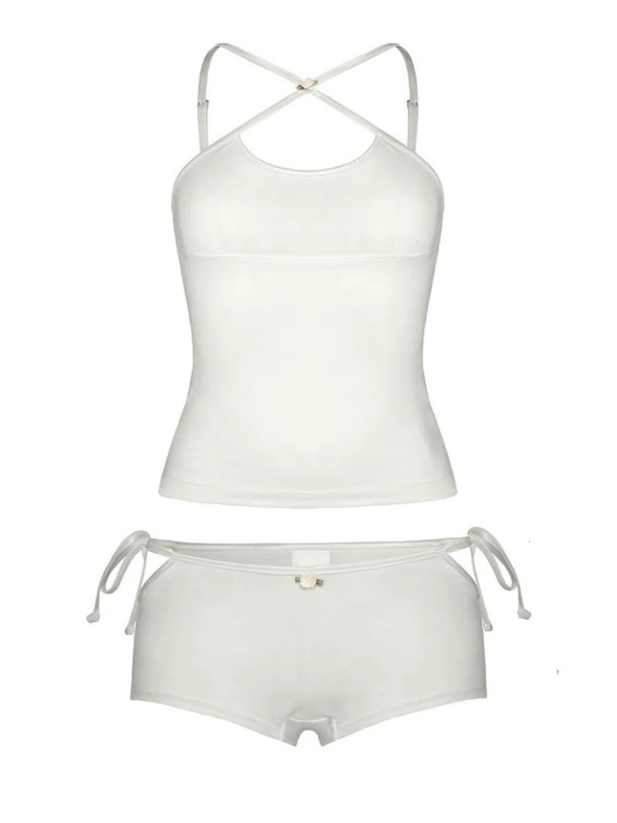 Womens 2 Piece Short Sets Summer Chic Criss Cross Backless Camisole Tops and Bandage Cutout Shorts Outfits Club Streetwear Trendy 250320
