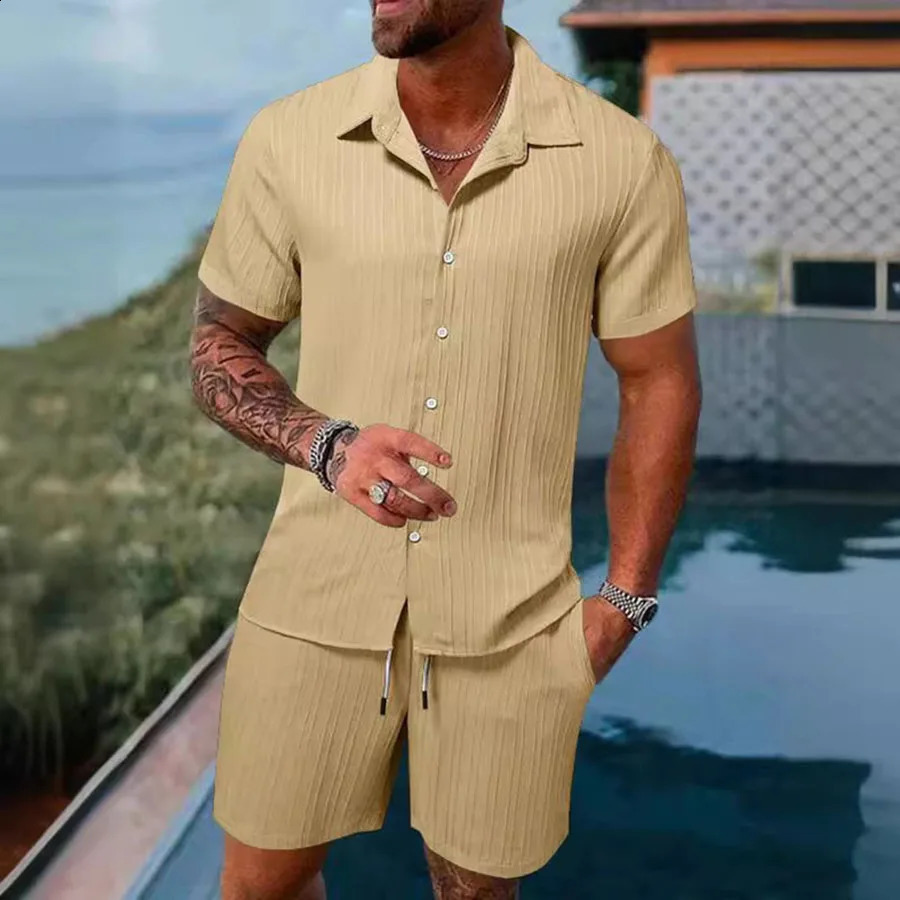 Spring and summer mens sports polo casual solid color loose short sleeved drawstring shorts cardigan striped sportswear 250319