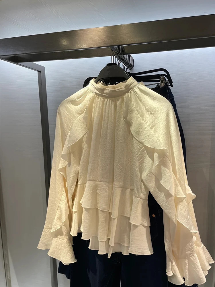 Spring 2025 Ruffle Folding Shirt Womens Elegant Top 250319