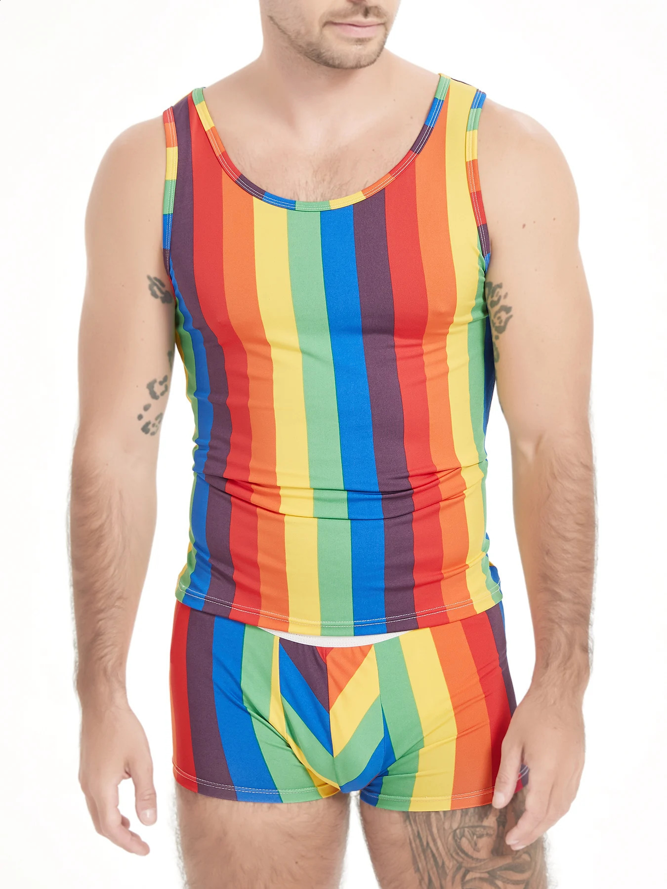 2piece mens rainbow striped pajamas set summer sleeveless sports and fitness home tight sexy shorts 250319