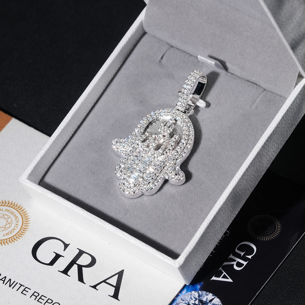 925 Silver Iced Out Baguette Moissanite Hamsa Hand Pendant Hip Hop Simulated Diamond Fatima Pendant with Allah Sign 14k Gold