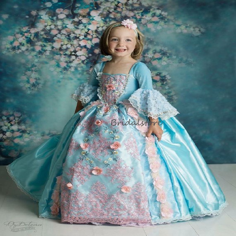 Renaissance Era Blue Flower Girls Dress With Flowers Victorian Medieval Children Rococo Birthday Party Dress Costume Charro Mariachi Quinceanera Kids 