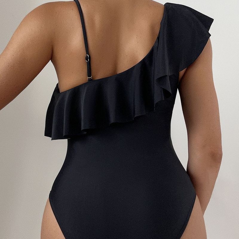 2025 New Multi Color Wood Ear Edge Shoulder Mesh Hollow Sexy One Piece Swimsuit Female European And American Foreign Trade Bikini