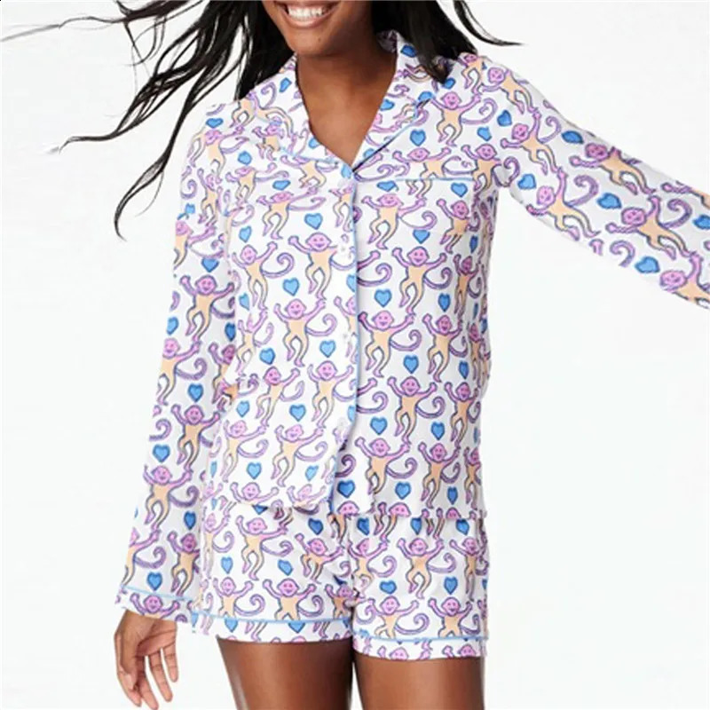 Y2k Monkey Pajamas for Women Hearts Printed Long Sleeve Roller Pants 2 Piece Set Rabbit Aesthetic Cute Preppy Pjs 250319