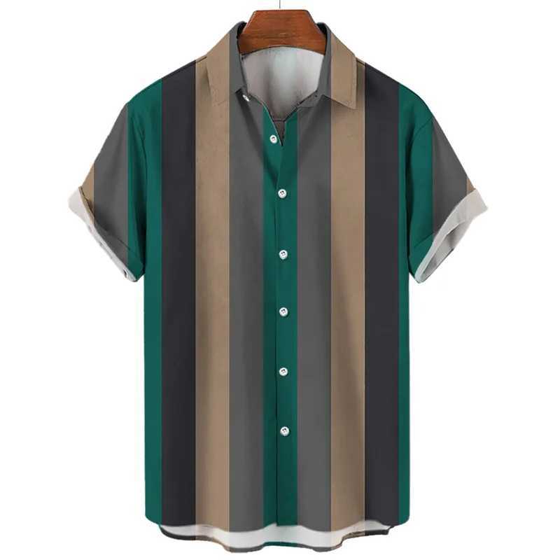 Mens Hawaiian summer shirt with striped print short sleeved shirt collar button up mens streetwear fashionable casual social top M250320
