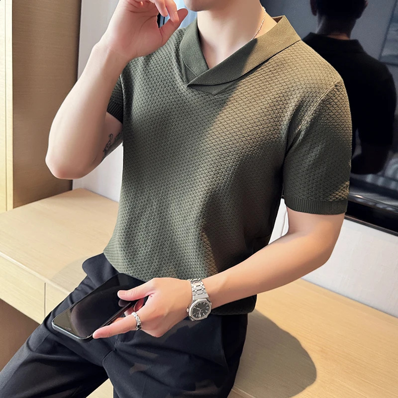 Cuban Collar Knitted Fabric POLO Shirt Mens Summer Short-sleeved Pullover T-shirt Shirt White Green Black Men Top M L XL XXXL 250317