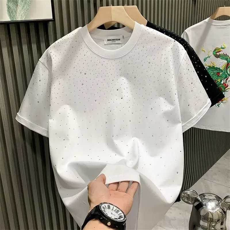 Summer mens high-quality 100% pure cotton short sleeved T-shirt O-neck fashionable rhinestone white T-shirt mens top T-shirt Camisetas HombreT250319