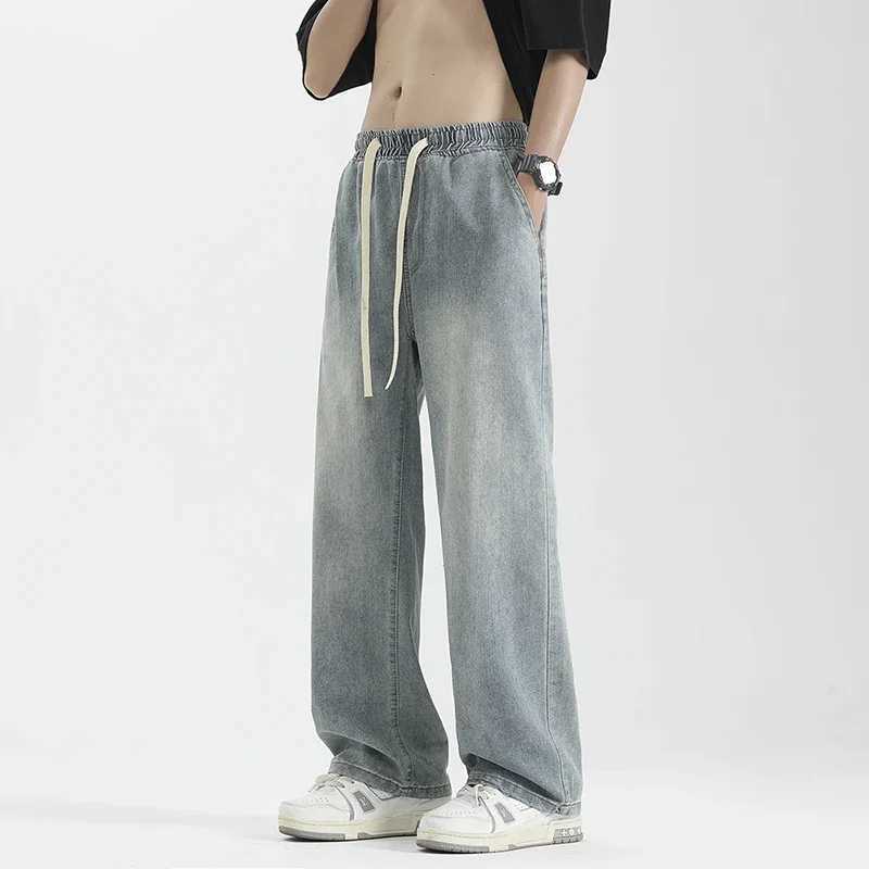 Summer thin mens loose jeans with wide legs fashionable Korean style brushed straight retro washed denim pants streetwear mens TrousersT250319