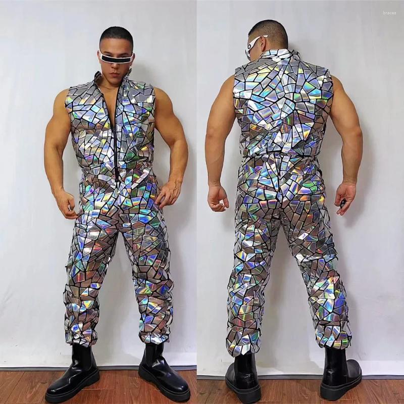 Stage Wear Glitter Silver Laser Mirror Sleeveless Jumpsuit Men Hip Hop Dance Team Bar Performance Costume Festival Party Rave Outfits