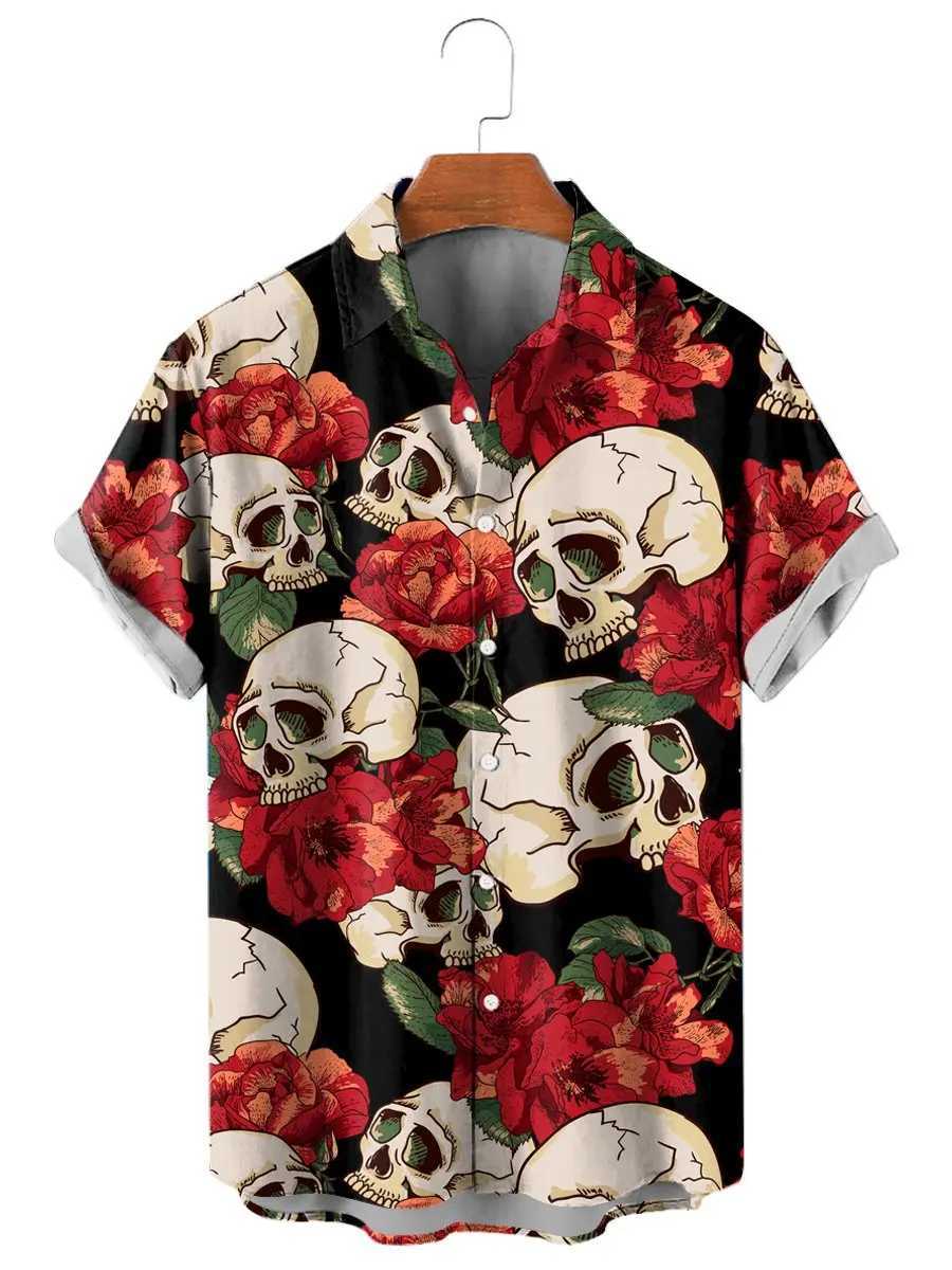 Fashion Skull Floral Mens Shirts Funny Skull 3D Print Streetwear Short Sleeve Tees Hawaiian Shirt Print Lapel Shirts For Men M250320