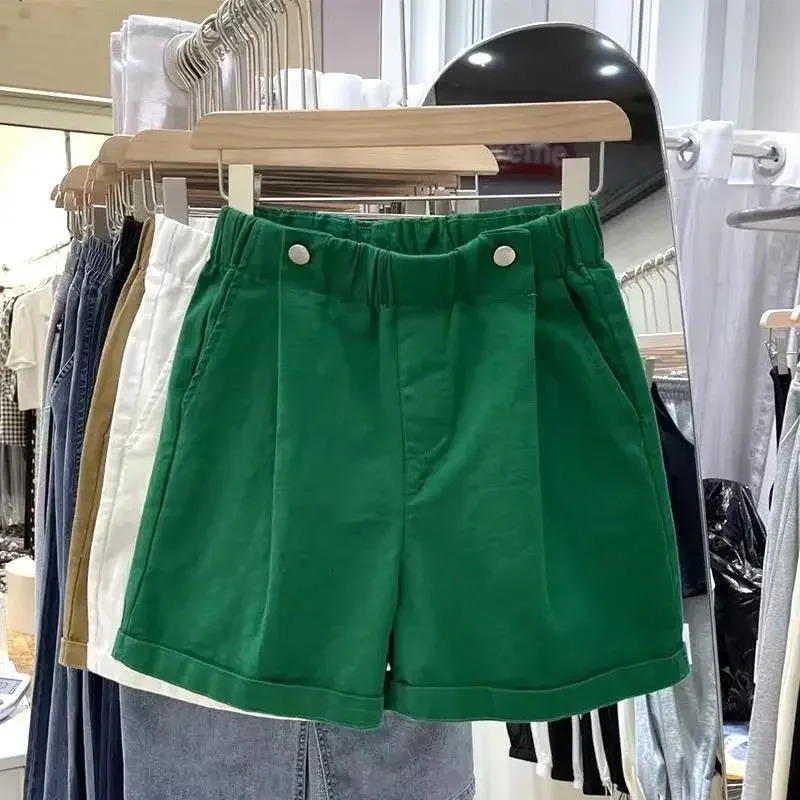 Womens Summer Shorts 2025 Beautiful Cotton Wide-leg Shorts Casual Solid Green Khaki Button Elastic Waist Denim Shorts Women 250320