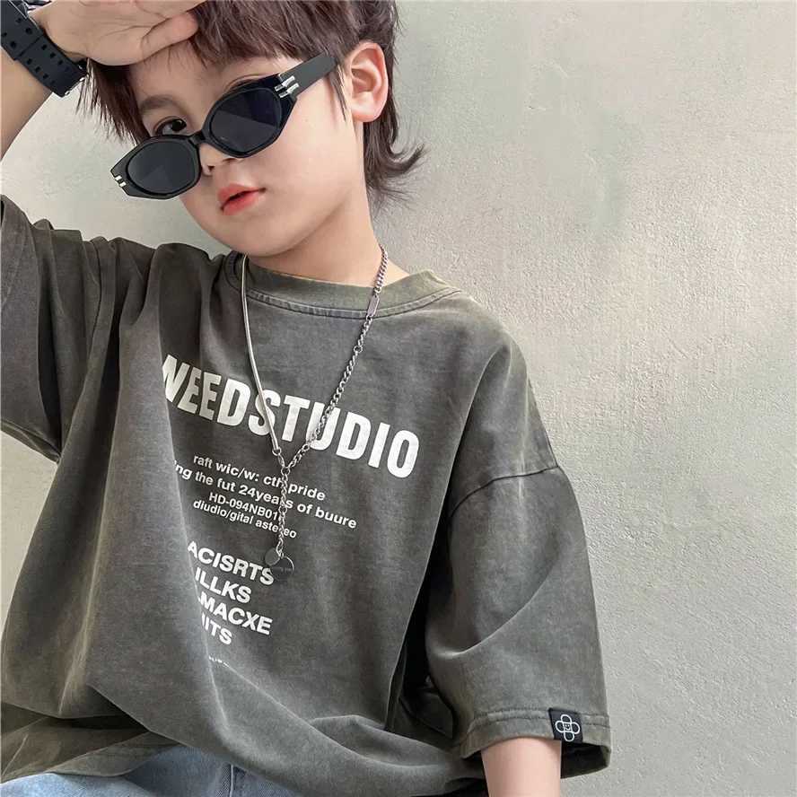 Summer 2025 pure cotton short sleeved simple trendy letter fading wearing half sleeved T-shirt for boys and girls fashionableT250320