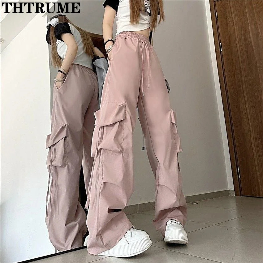 Retro retro street bag pants fashionable womens oversized drawstring pocket casual streetwear loose jogging 250320