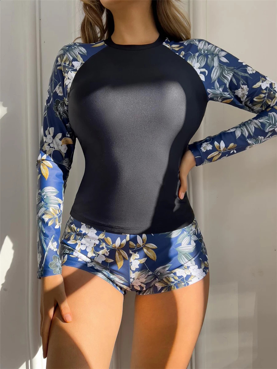 2023 long sleeved Rashguard swimsuit womens tropical printed twopiece diving suit surfing beach 250319