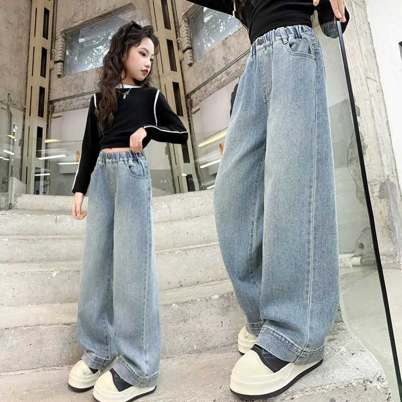 Girls School Wide Leg Jeans Retro Splicing Design Casual Loose 2025 Childrens Fashion Pants Childrens Korean TrousersT250326