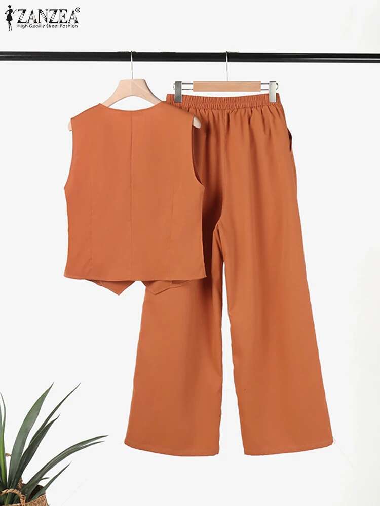 2025 ZANZEA Woman Elegant 2-Piece Pant Casual Vest And Pants Old Money Style Suits 2Pcs Outfits Wide Leg Trouser Sets