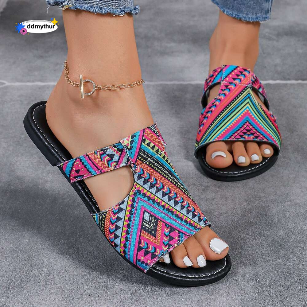 2024 Summer New Breathable Print Color Block Roman Style Women's Flat Bottom Sandals ddmythur