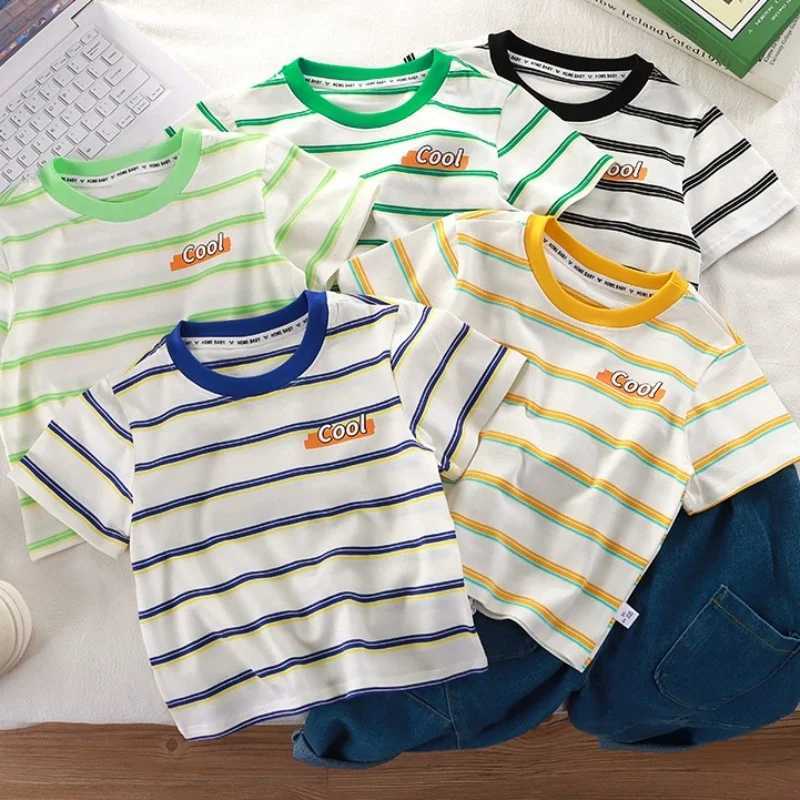 2025 childrens short sleeved boys and girls summer new striped T-shirt baby thin half sleeved bottom shirt casual wearT250320