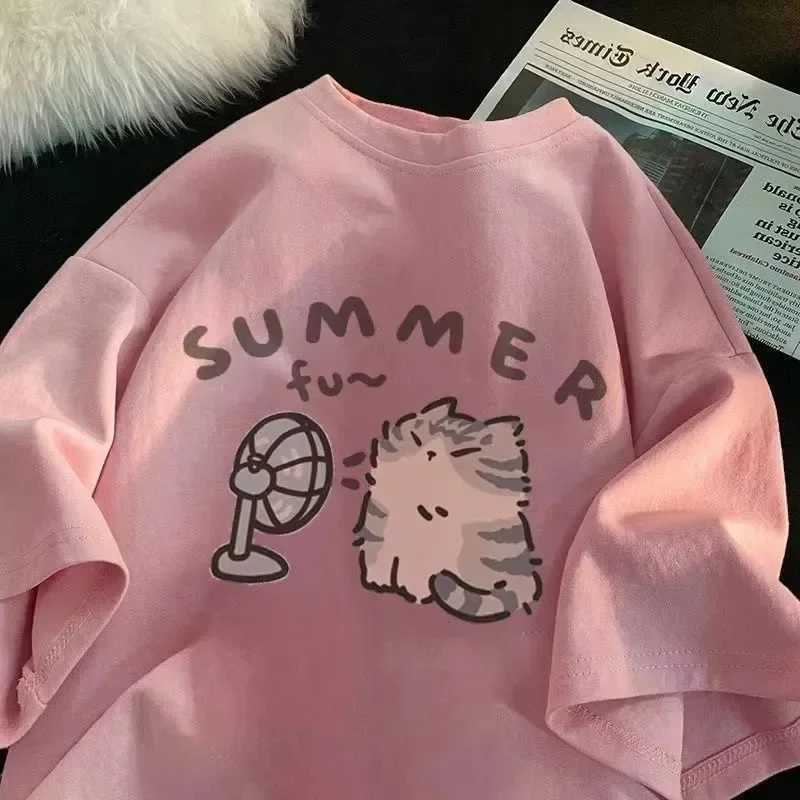 Fan Cat and Women Pure T-shirt for Men American Street Creative Blow Summer Relaxed Short Sleeve Couple Wear INS TopT250320