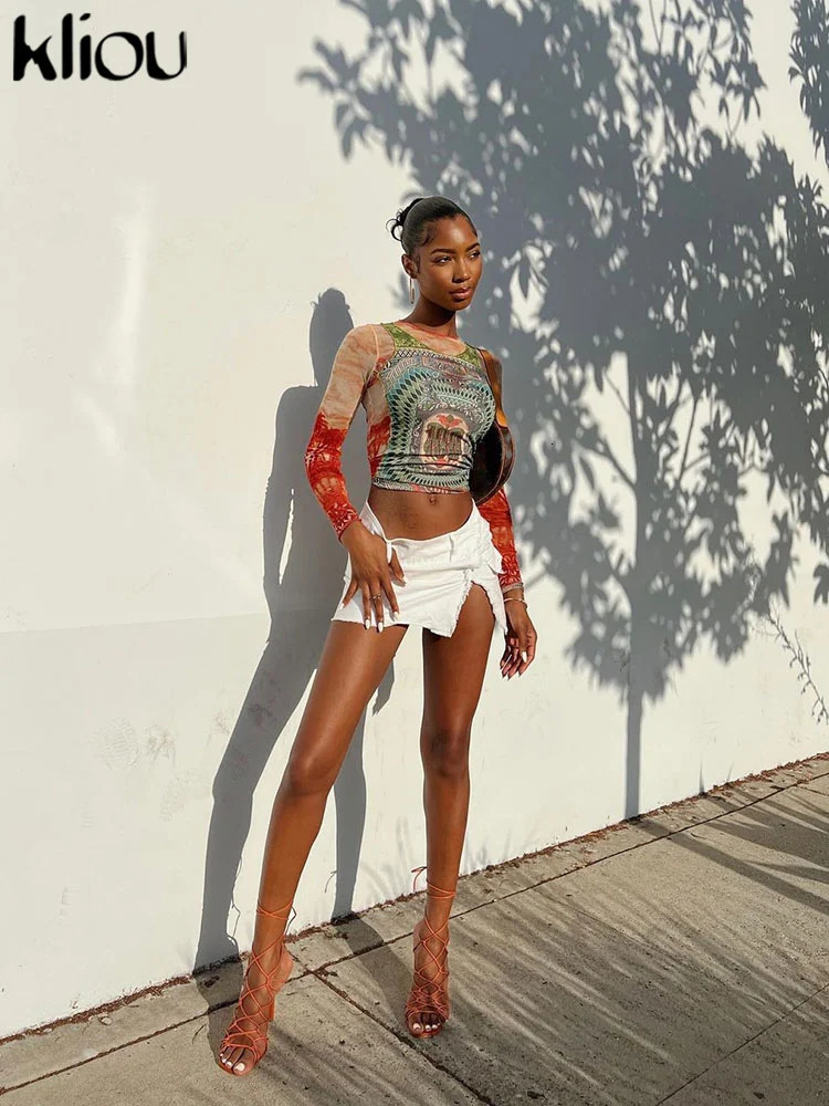 Kliou Mesh Dollar Print Classic T-Shirt Women Casual Aesthetic O-neck Long Sleeve Skinny Tops Hipster Female Gorgeous Attirewear 250320