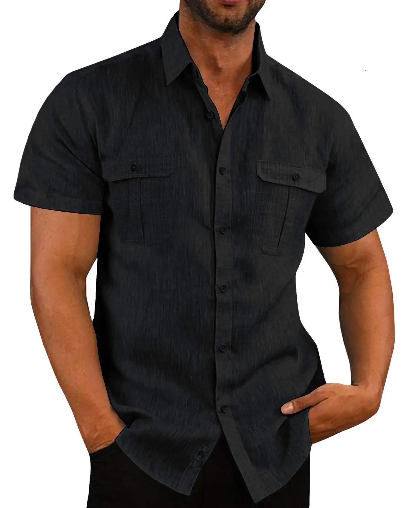 Cotton linen selling mens short sleeved summer solid color stand up collar casual beach style plus size mens shirt M-5XL 250320